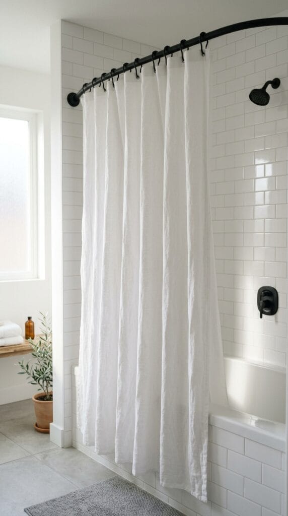 White linen shower curtain hanging from matte black rings in a bright bathroom