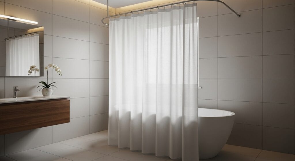 White fabric shower curtain hanging in a clean, softly lit bathroom.