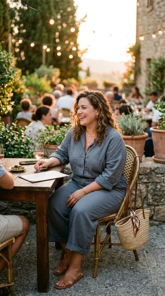 11 Plus Size Overalls Outfits for Casual Summer Days 6 Plus size woman in slate linen button-front overalls outfit paired with tan sandals