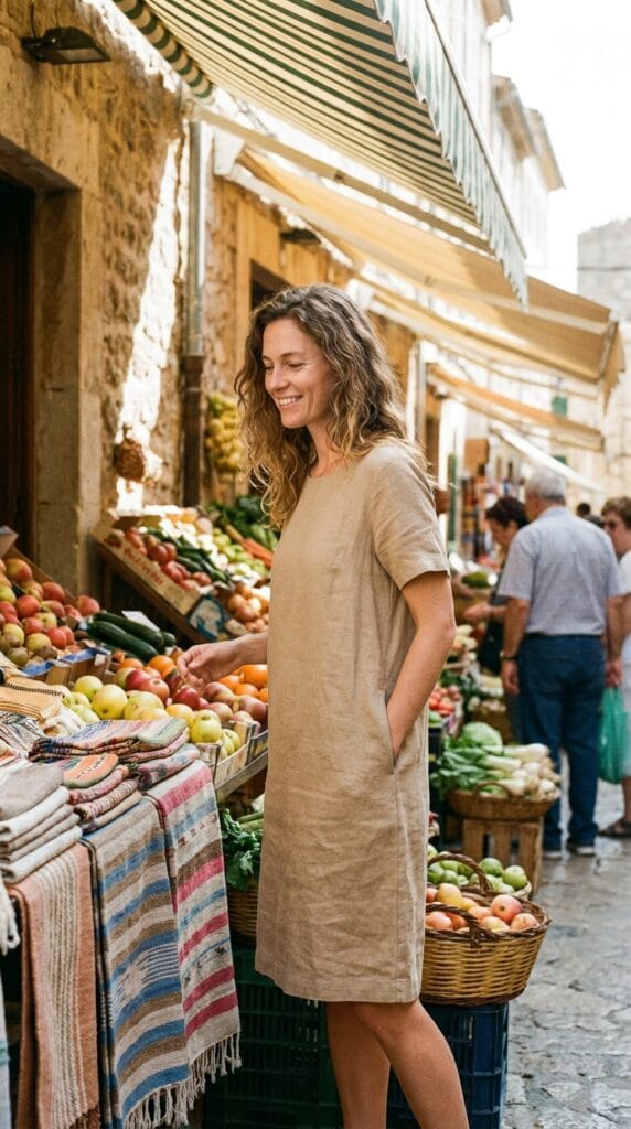 10 Summer Vacation Dresses Packing Guide For Her 3 Woman in sand sleeveless linen shift dress at sun-bright Mediterranean market.