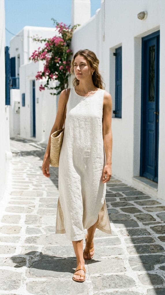 18 Summer Vacation Dresses That Pack Light & Look Amazing 3 Woman in sleeveless off-white linen shift dress walking on whitewashed Mediterranean street