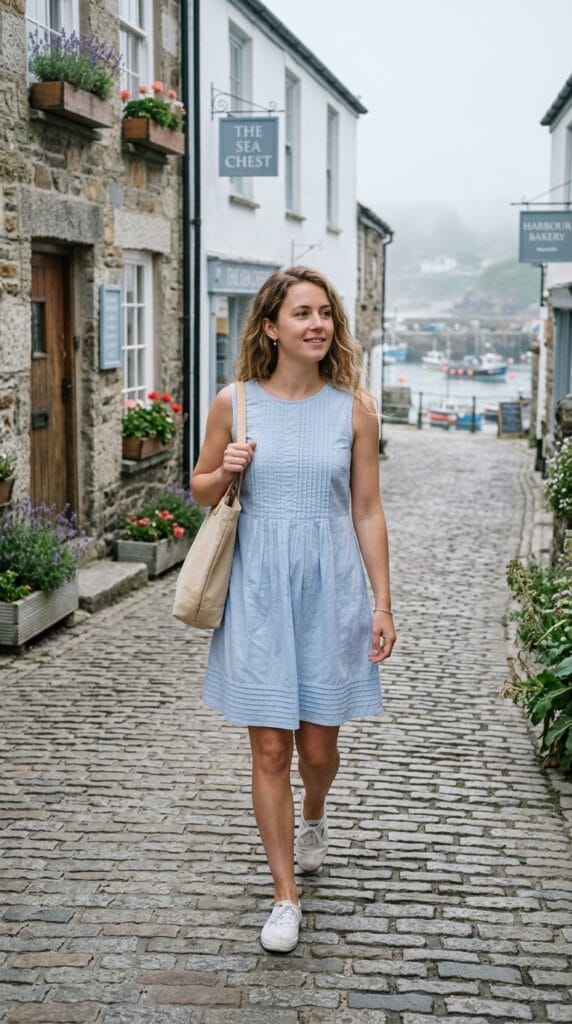 18 Summer Vacation Dresses That Pack Light & Look Amazing 15 Woman in pale blue sleeveless pintuck cotton dress with canvas tote on coastal town street