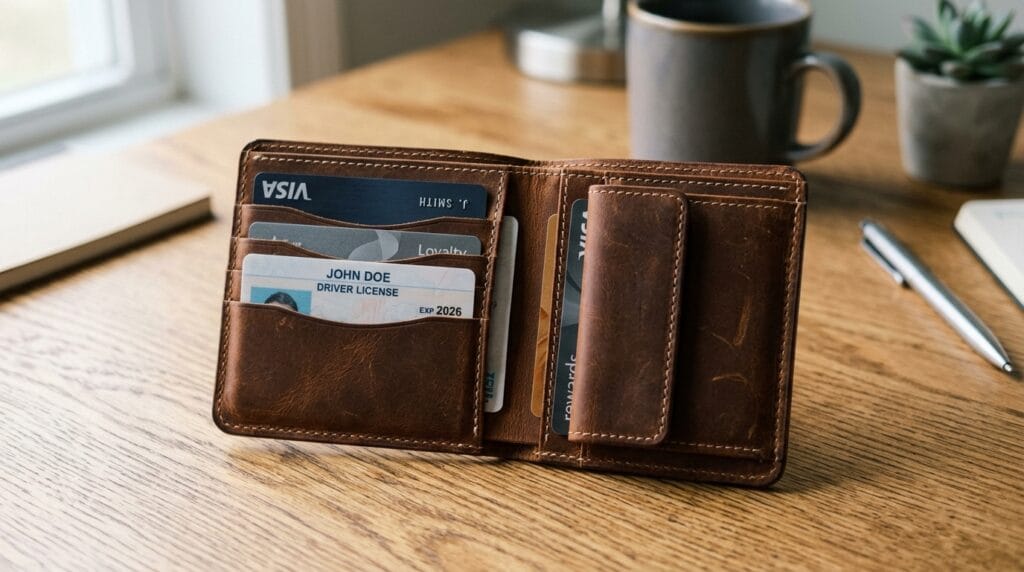 Cheap Father's Day Gift Ideas Under $25 8 Slim brown leather wallet open to show card slots on a neutral desk surface.
