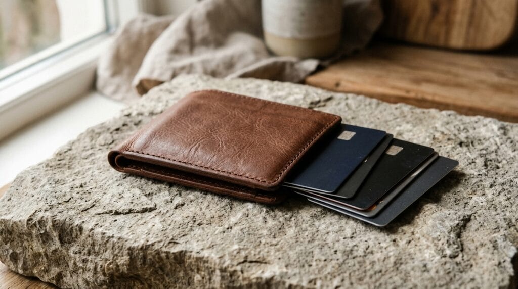 Cool Father's Day Gifts Going Viral Right Now 7 Slim brown leather wallet resting on a stone surface with cards fanned out