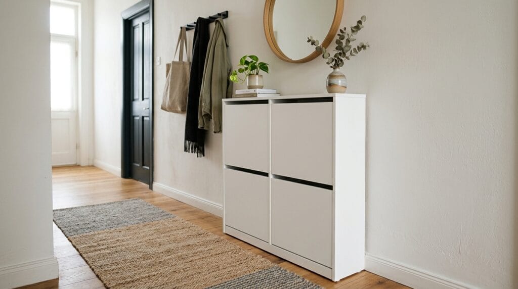 15 Shoe Storage Ideas for Small Spaces (Every Room) 7 Slim white shoe cabinet with flip-open door panels placed in a narrow hallway