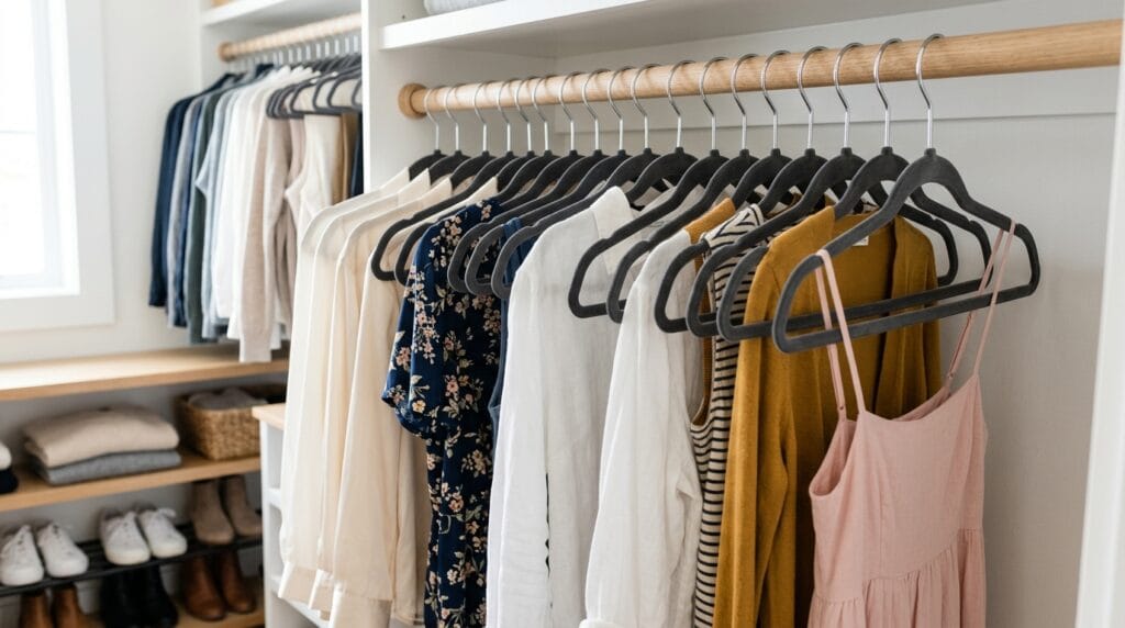How to Organize a Small Closet With Lots of Clothes 3 Closet rod filled with slim velvet hangers holding neatly arranged clothing items
