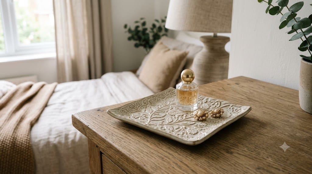 17 Chic Perfume Tray Ideas for a Luxurious Vanity Setup 18 Small square decorative tray with raised pattern displayed on a styled bedroom dresser corner.