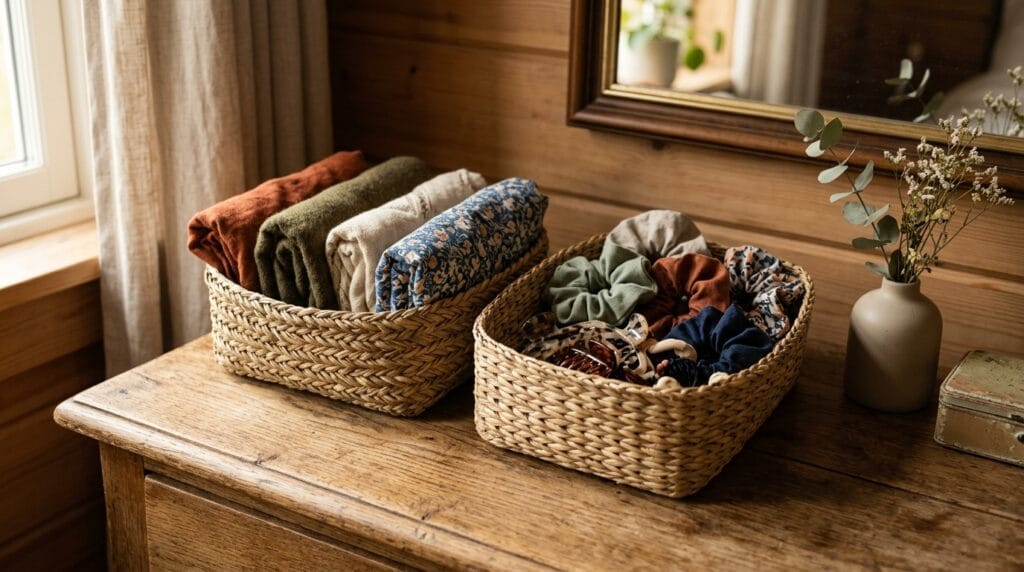 Two small woven storage baskets on a dresser holding accessories and folded items