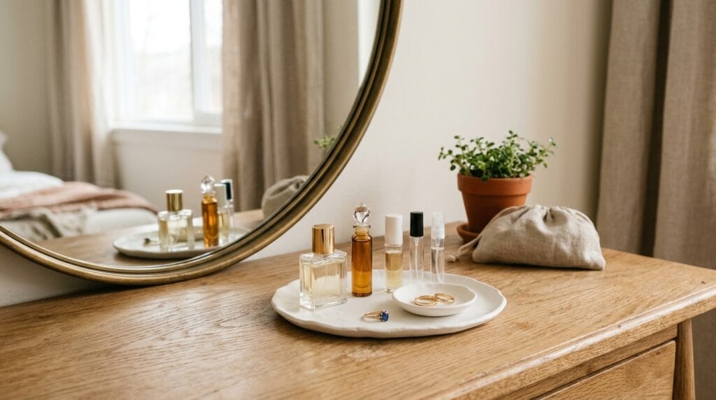17 Chic Perfume Tray Ideas for a Luxurious Vanity Setup 9 Small white porcelain tray with a compact form displayed on a bedroom vanity surface.