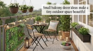 Small balcony styled with planters, string lights, bistro furniture, and layered greenery.