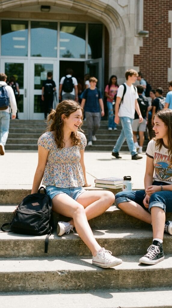 Teen girl in smocked babydoll top and denim shorts sitting on school steps