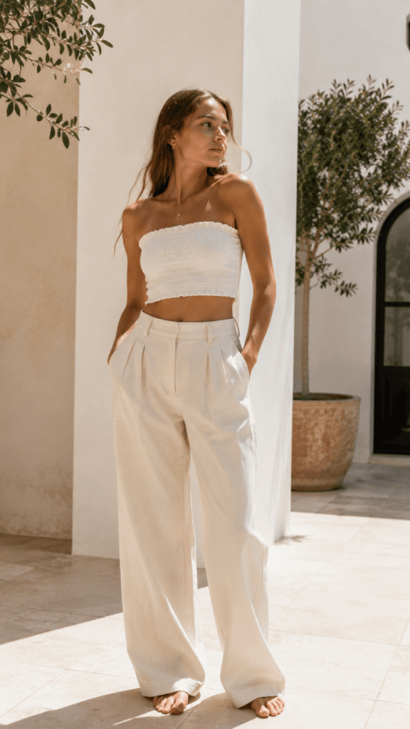 Teen girl in smocked bandeau top and wide-leg cream trousers in sunlit courtyard