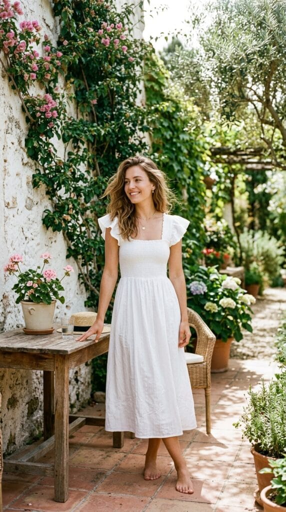 White smocked bodice flutter sleeve midi dress in sunlit garden setting