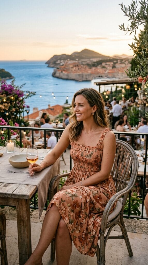 18 Summer Vacation Dresses That Pack Light & Look Amazing 4 Woman in floral rayon challis smocked bodice midi dress at terrace restaurant overlooking water