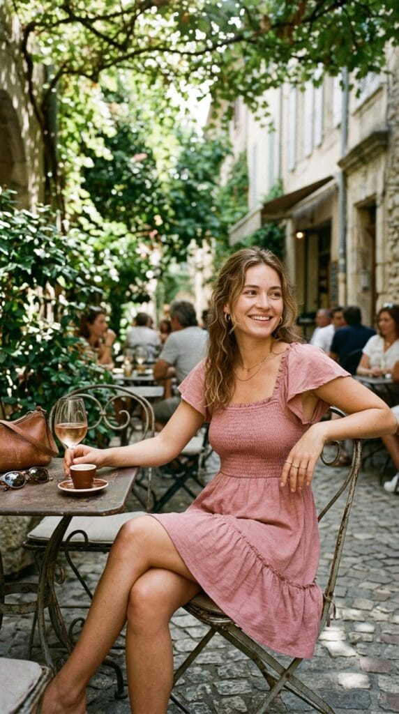 15 Cotton Summer Dresses That Keep You Cool All Day Long 4 Young woman wearing a smocked chest cotton slub mini dress with a flutter hem at an outdoor café.