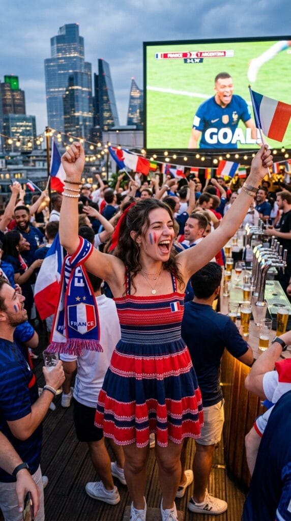 Woman in red and navy smocked mini dress cheering at a world cup watch party.