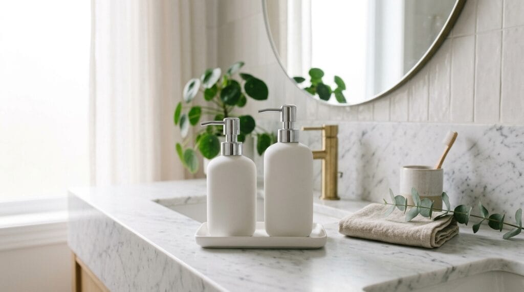 Modern Small Bathroom Ideas: Sleek, Functional and Gorgeous 9 White matching soap and lotion dispenser set on a modern bathroom countertop