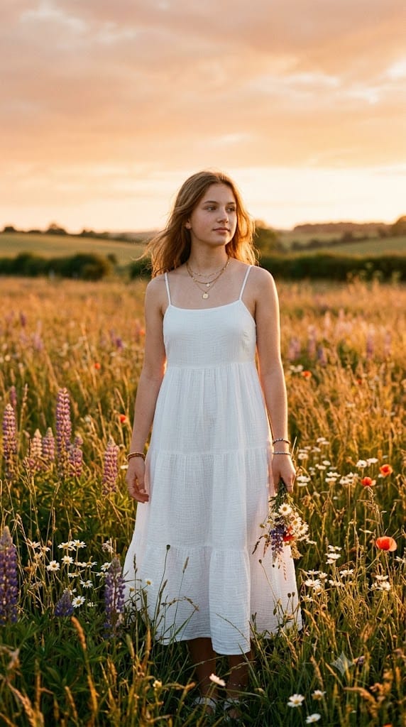 Teen girl in white gauze tiered midi dress standing in wildflower meadow golden hour