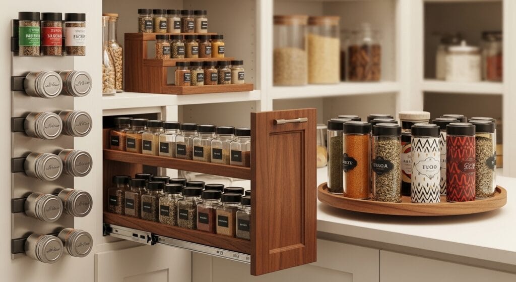 Kitchen and Pantry Organization: The Full Room Guide 7 Kitchen drawer with a fitted spice tray holding uniform labeled jars in tidy rows.