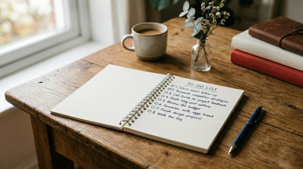 Best Back to School Gifts for Teachers That They Actually Need and Want 13 A spiral to-do list notepad open beside a pen on a wooden desk.