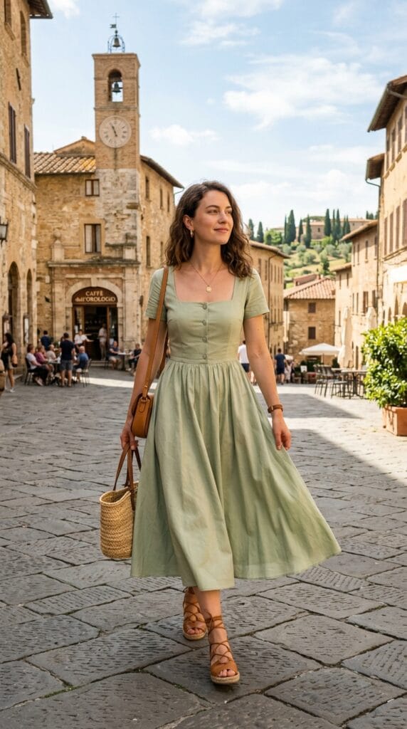 18 Summer Vacation Dresses That Pack Light & Look Amazing 6 Woman in pale sage square-neck cotton poplin fit-and-flare midi dress on cobblestone square