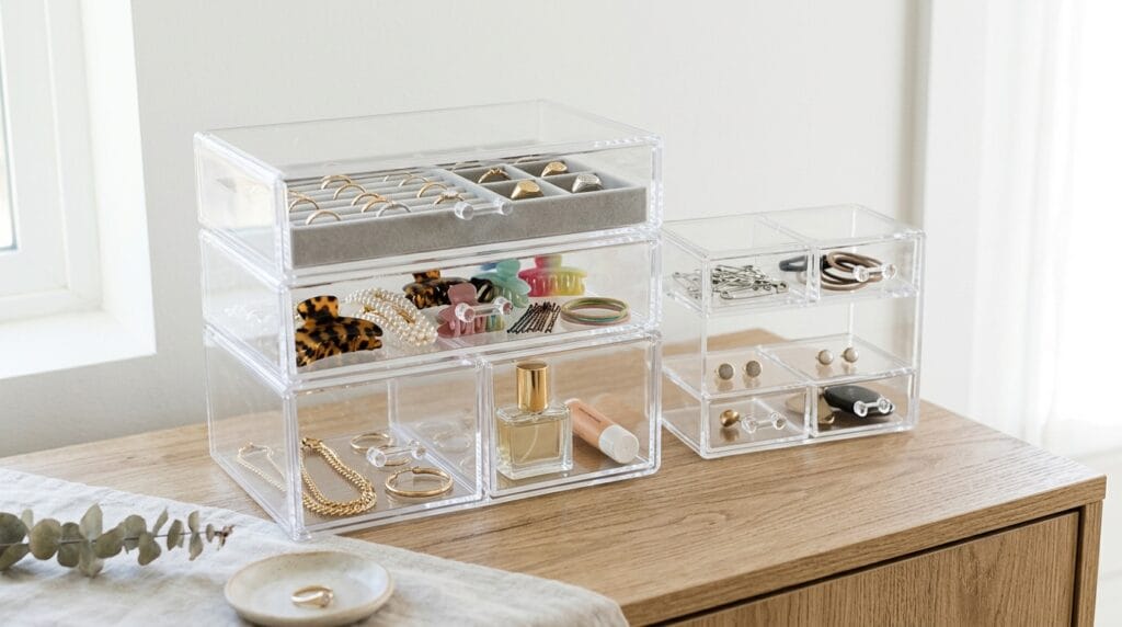 Clear stackable acrylic organizers on a dresser holding small accessories and jewelry pieces