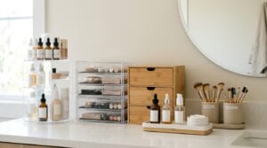 Organized vanity countertop displaying stackable drawers, rotating organizer, bamboo unit, and brush holders.