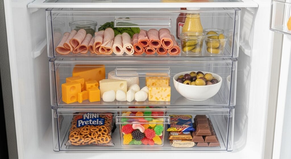 Refrigerator Organization Ideas for a Cleaner Fridge 3 Stackable refrigerator drawers holding deli meats and snacks on a clean shelf.