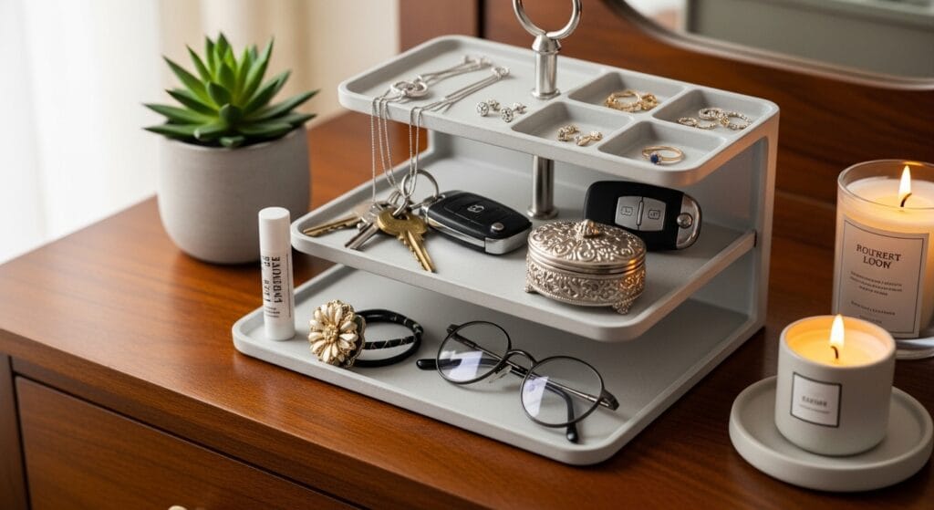 Bedroom Organization Ideas: From Dresser to Closet 9 Dresser top with tiered organizer trays holding jewelry, keys, and small personal accessories.