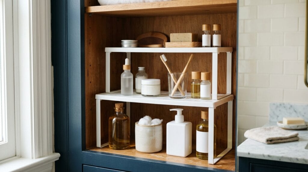 Budget Friendly Bathroom Organization: Full Reset Under $40 13 Stackable shelf risers maximizing cabinet storage for bathroom essentials