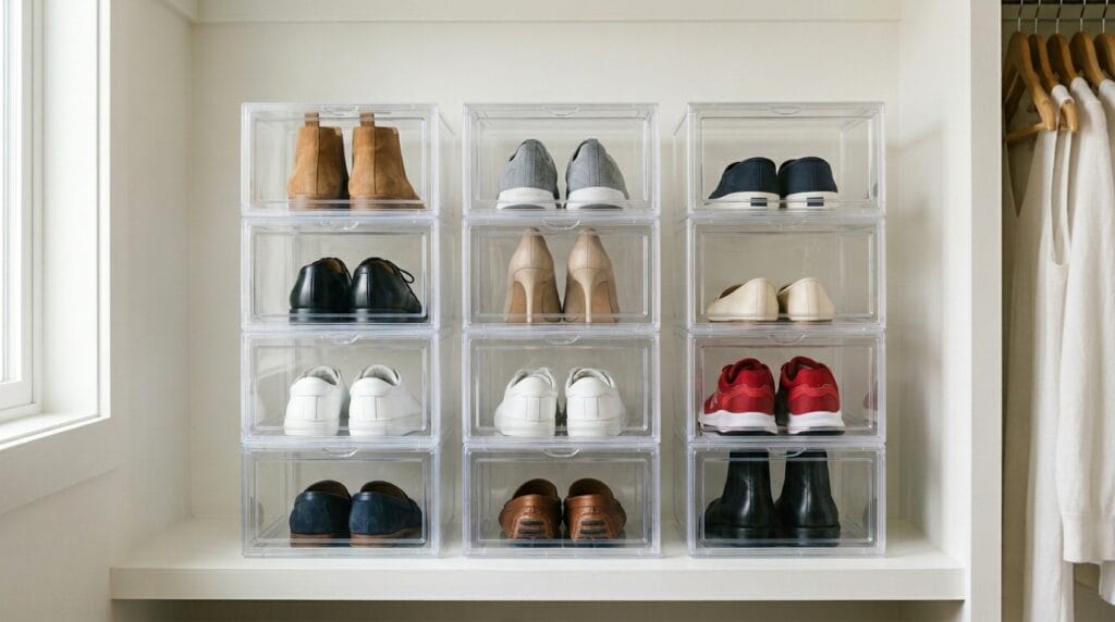 15 Shoe Storage Ideas for Small Spaces (Every Room) 3 Stacked clear shoe boxes organized on a white closet shelf displaying paired footwear