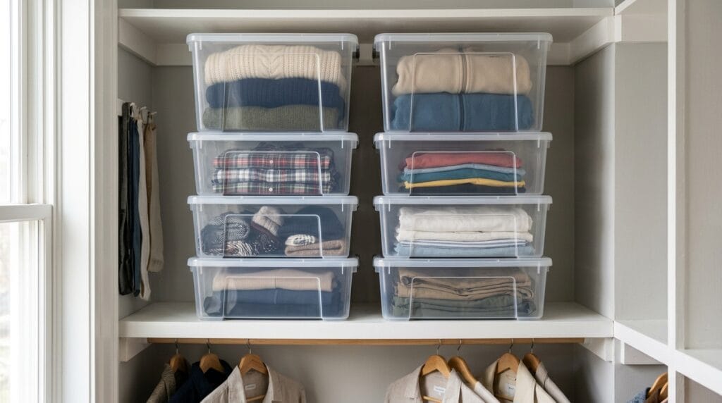 How to Organize a Small Closet With Lots of Clothes 6 Clear stackable storage bins on closet shelves holding sorted and folded clothing