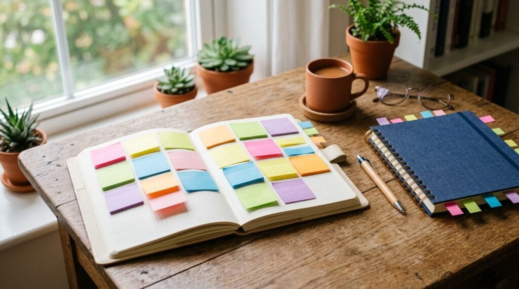 Colorful sticky notes attached to notebooks and study materials on desk.