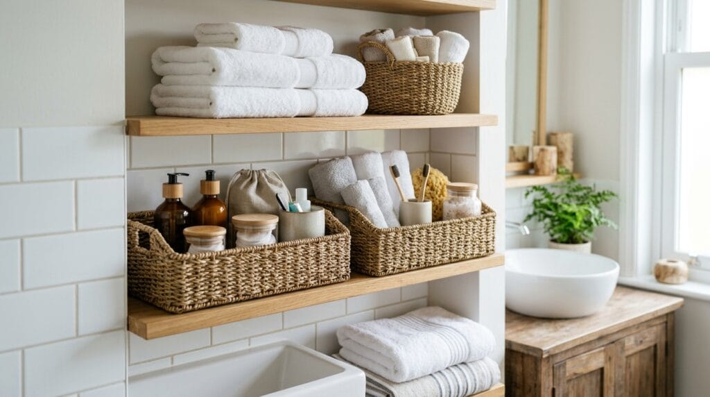 Budget Friendly Bathroom Organization: Full Reset Under $40 7 Woven storage baskets organizing bathroom towels and personal care supplies