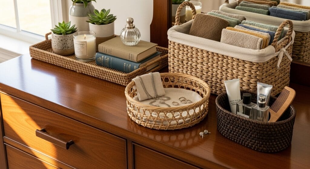 Dresser top with woven baskets organizing small everyday items neatly together.