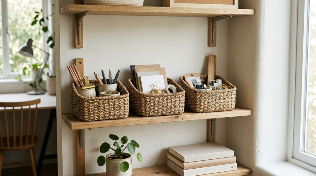 Home Office Organization Ideas: Desk, Closet and Storage 9 Woven storage baskets arranged on open shelving holding small office supplies neatly.