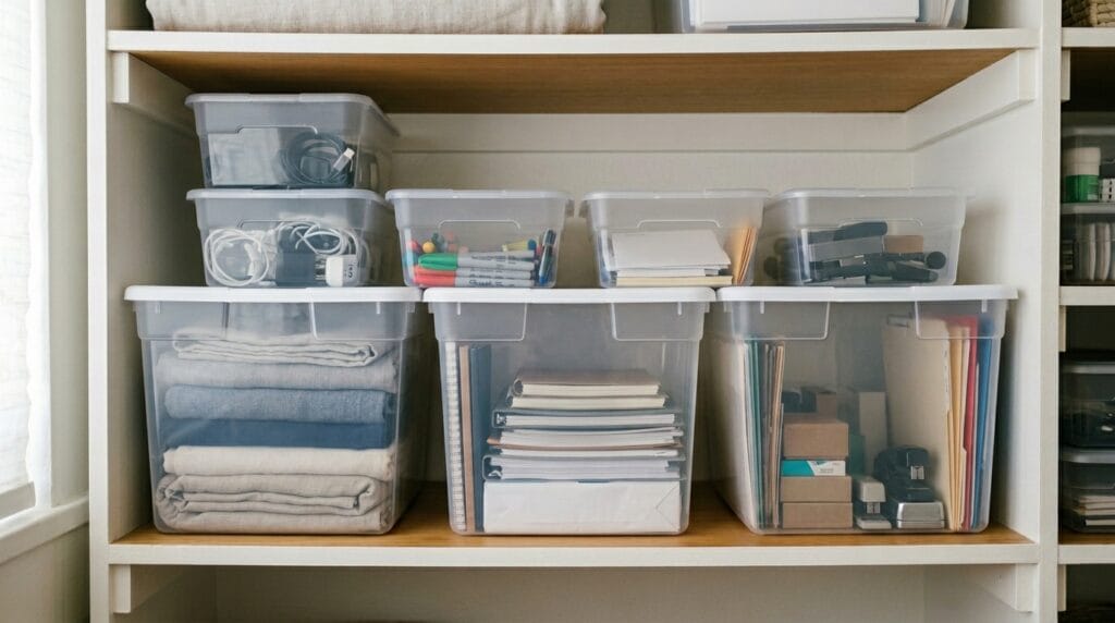 Home Office Organization Ideas: Desk, Closet and Storage 7 Stacked clear storage bins on a shelf holding folded supplies and small items.