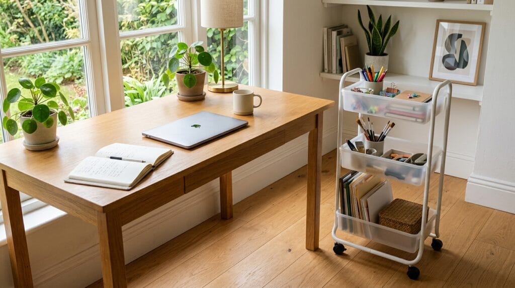 Home Office Organization Ideas: Desk, Closet and Storage 10 Rolling storage cart with tiered bins positioned near a desk in a tidy room.