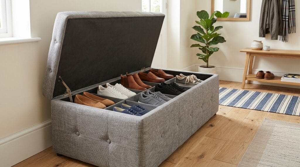 Shoe Storage and Entryway Organization: The Complete Guide 10 Fabric upholstered storage ottoman with lid open revealing neatly organized shoe pairs inside.
