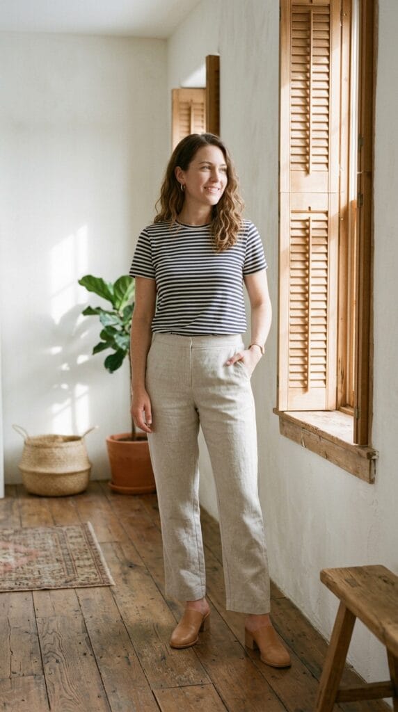 Straight-leg stone linen trousers paired with a fine navy stripe tee