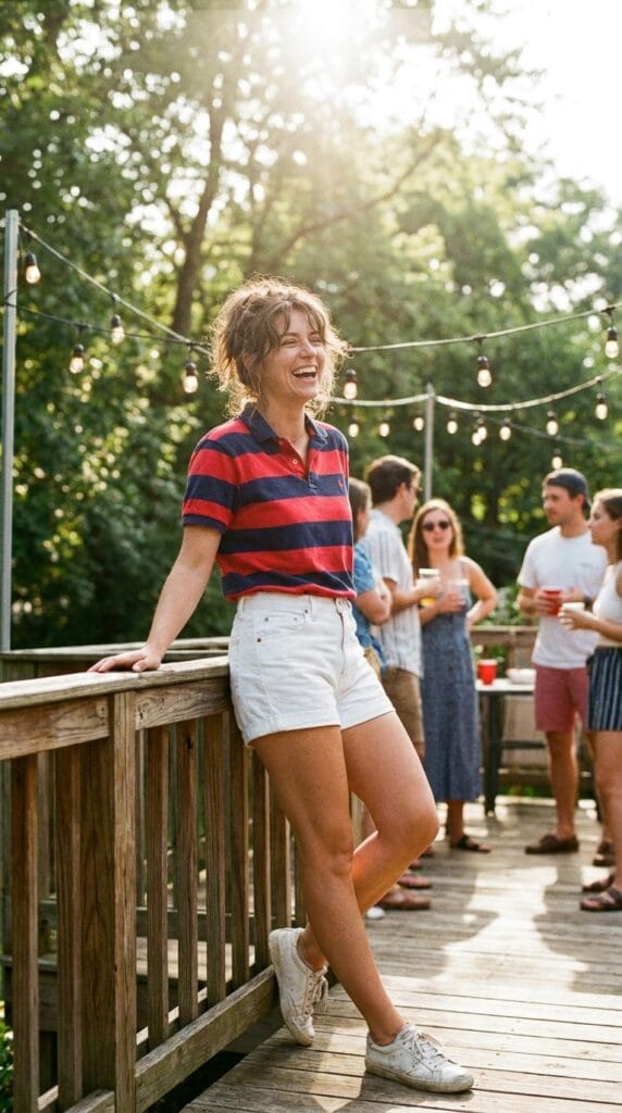 Woman in striped red and navy polo with white denim shorts at an outdoor world cup watch party.
