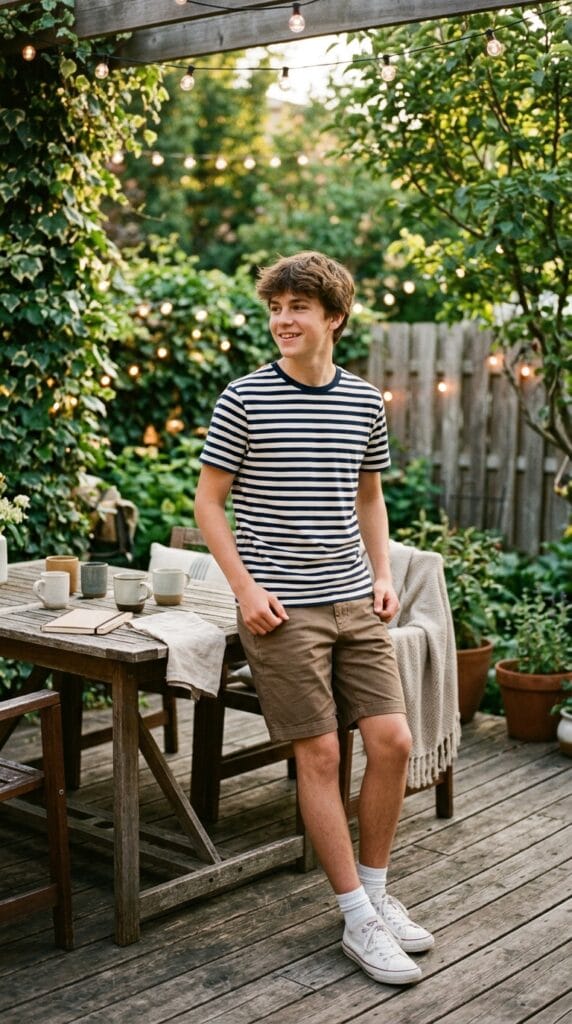 11 Teen Boy Summer Outfits That Are Cool, Casual, and Easy to Wear 8 Teen boy wearing striped crewneck tee with plain twill shorts in a casual summer outdoor setting.