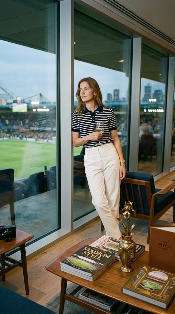 Striped polo tucked into tailored white trousers for an upscale World Cup viewing. 