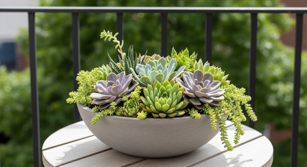 Small balcony decor ideas: make a tiny outdoor space beautiful 3 Wide succulent bowl planter arranged with mixed varieties on a balcony table.