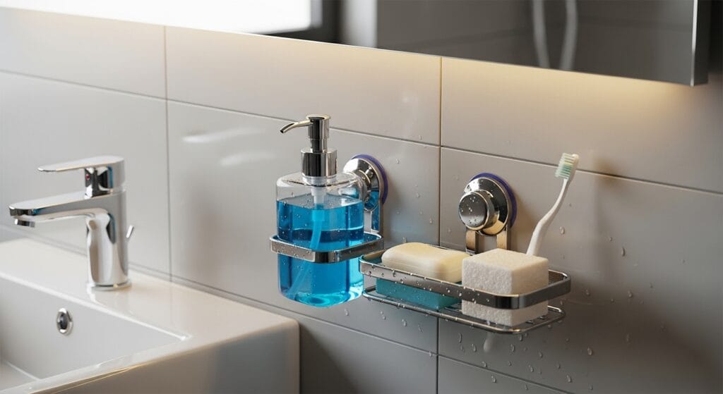 11 Bathroom Counter Organization Ideas (Products That Fit) 12 Suction-mounted soap dispenser and small caddy on a smooth bathroom tile surface near the sink.