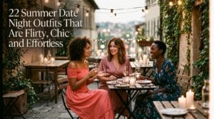 Women in flirty chic summer date night outfits on warm candlelit evening terrace