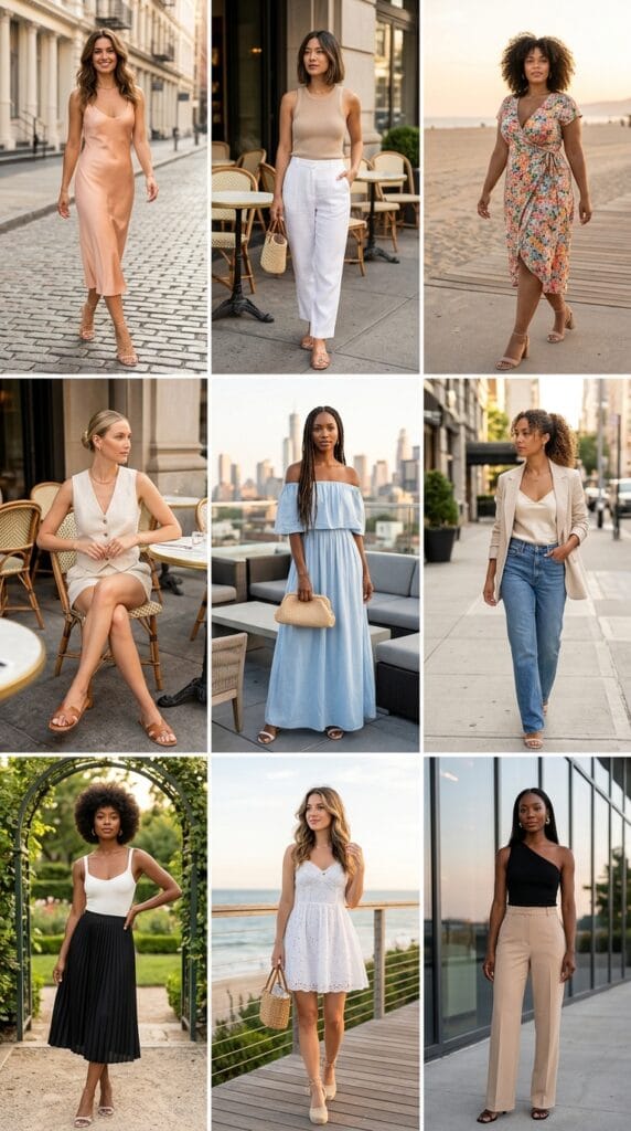 Editorial collage featuring nine women wearing different chic summer date night outfits, including dresses, linen separates, skirts, and elevated casual looks.
