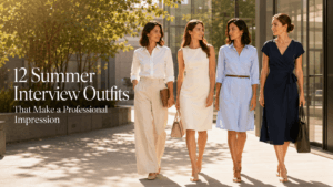 Multiple women in polished summer interview outfits showing linen sheath dress and professional poplin looks