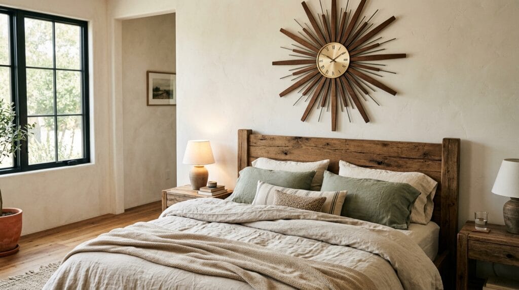 Rustic Bedroom Decor Ideas: Warm, Textured and Inviting 3 Large sunburst wall clock mounted above a wooden headboard in a warm rustic bedroom.