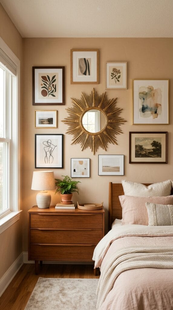 Gold sunburst mirror displayed on a warm bedroom wall within a layered gallery arrangement